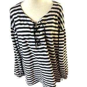 Chaps Breton Sailor Style Popover Top Women L Black White Stripe